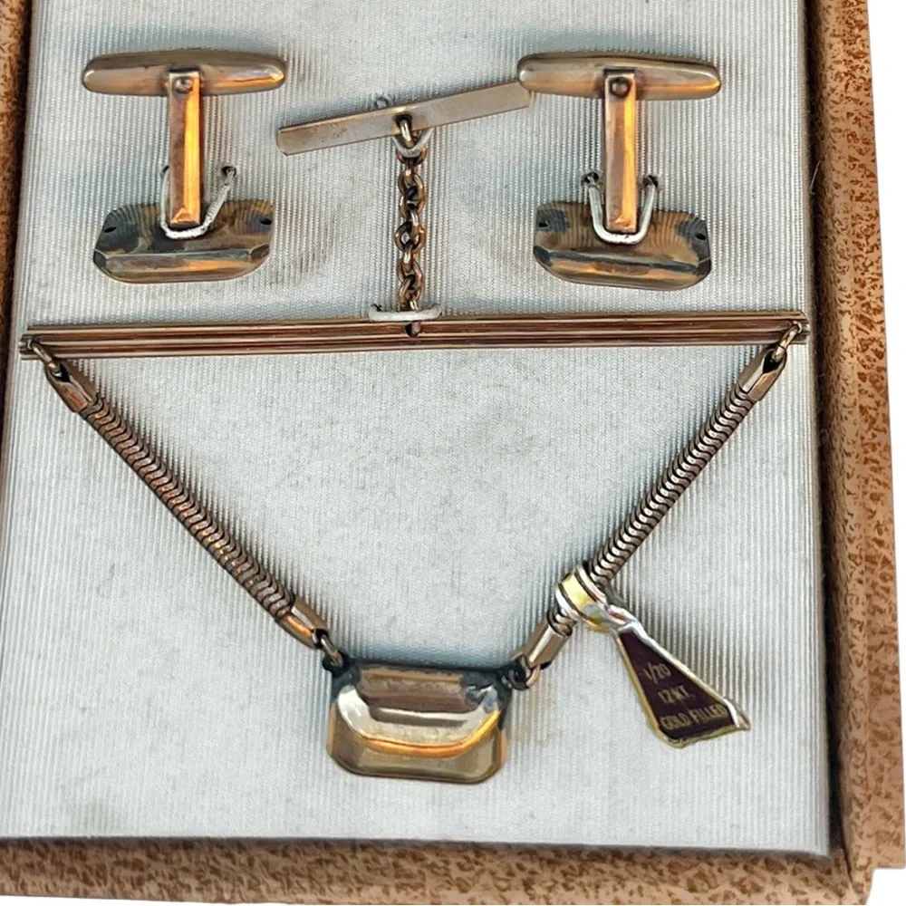 Bigney Tie Bar W/ Chain & Cufflinks gold filled 1/20 12KT VTG NRFB MCM Orig Box